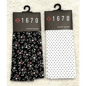 2-Pack, 1670 Pocket Squares Black with Floral Print & Black Polka Dot, Cotton